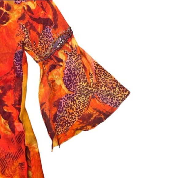 Vibrant Orange Yellow Women's Beach Coverup colorful boho butterflies Size S - Picture 4 of 9